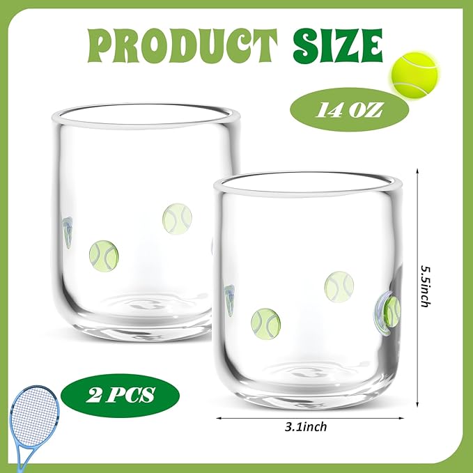 Icon Juice Glasses, 14oz Stemless Wine Drinking Juice Glass Cup for Valentine Party Supplies Gift(2 Pcs,Tennis Ball)