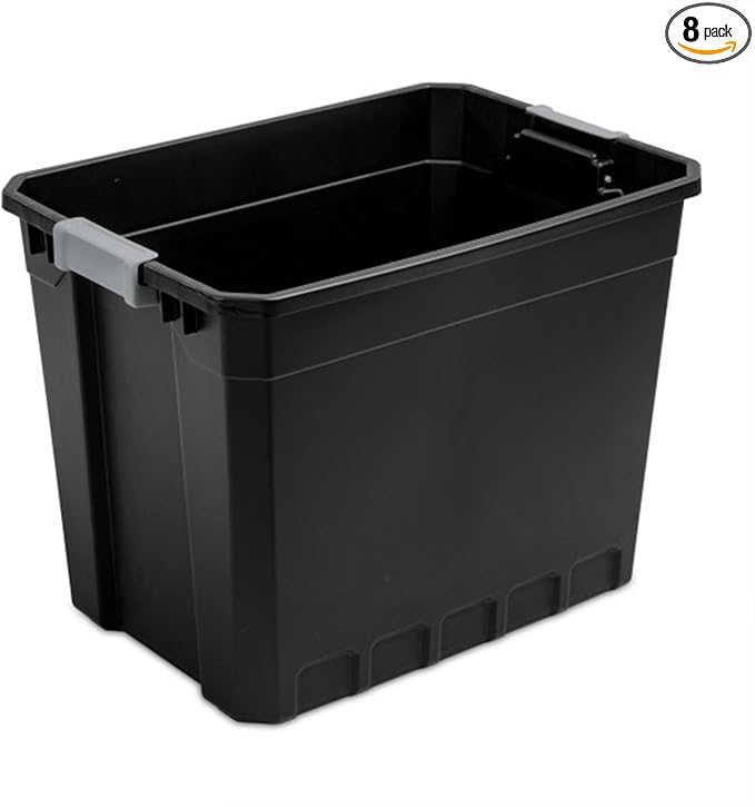 Sterilite 8-Pack Plastic Storage Bins with Lids, Stackable Containers, 27 Gallon, Black
