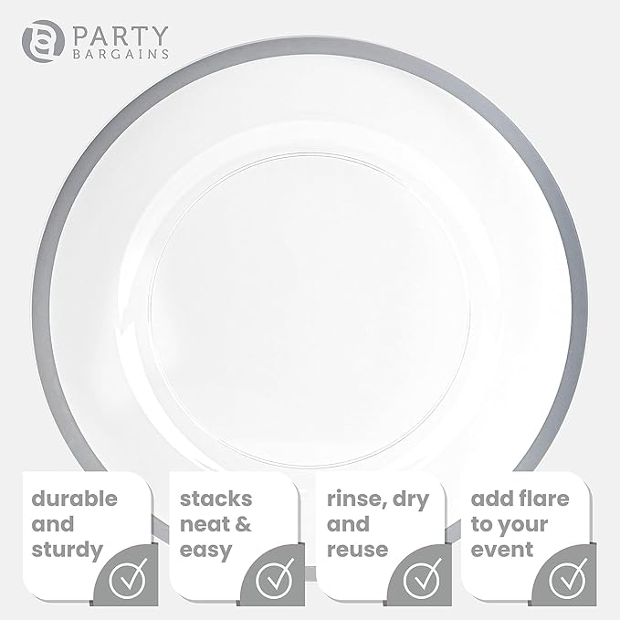 PARTY BARGAINS 13-Inch Charger Plates - 16 Pack, Clear Silver Rim, Heavy-Duty Disposable Chargers for Elegant Dining - Ideal for Weddings and Formal Events