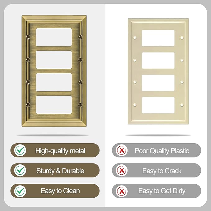 Metal Wall Plate for Electrical Outlets, Decorative Antique Brass Switch Plates Outlet Cover, Light Switch Cover Plate, 4-Gang Wall Plates (Quad Decorator, 1 Pack)