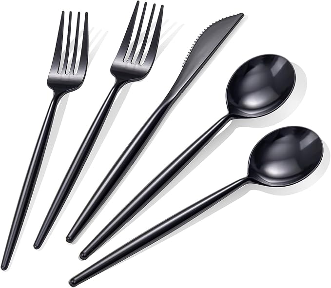 Rubtlamp 90Pcs Plastic Black Silverware, Disposable Cutlery, Utensils Heavy Duty include 30 Disposable Knives,60 plastic Forks and Spoons, Black Cutlery For Party