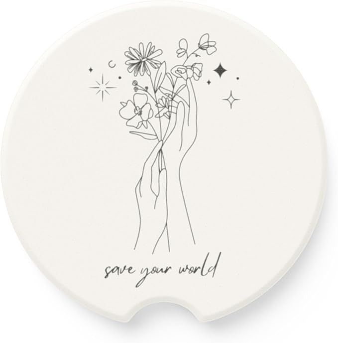 Absorbent Soapstone Car Coaster, Save Your World, Minimalist Black and White Floral Design, Ceramic Coaster