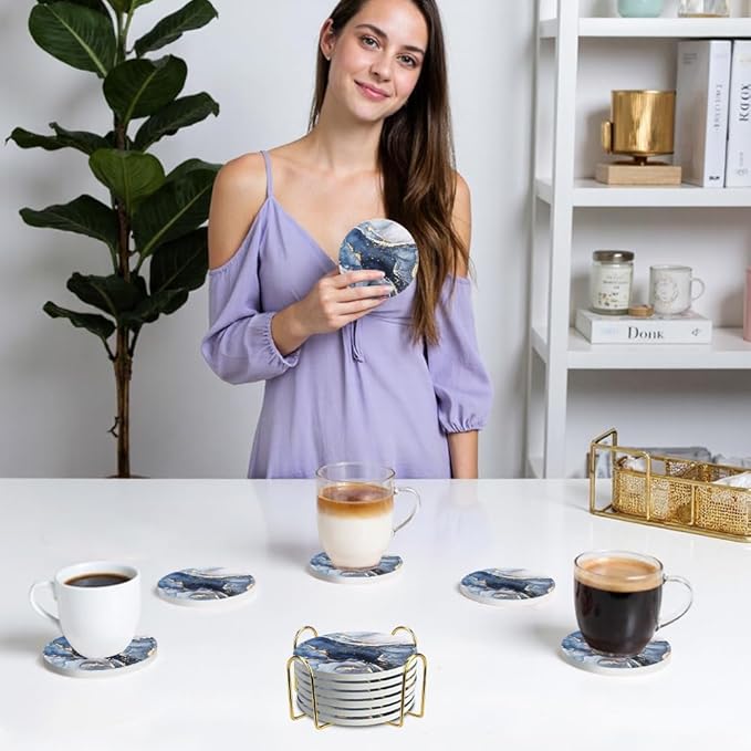 Ceramic Coasters Set of 6, Marble-Textured Design with Holder - Absorbent Cork-Backed Coasters for Cups, Bar & Coffee Table Decor Accessories (Dark Blue Marble, 6 Pack)