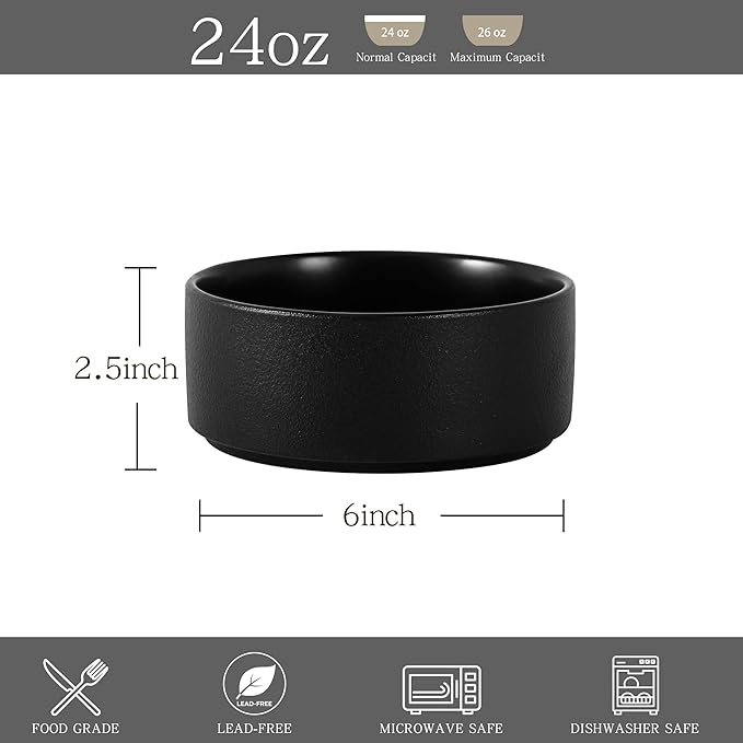 Stoneware Cereal Bowls Set of 4, 6 Inch Deep Bowl for Oatmeal, Soup, Ceramic Bowls Sets, Microwave Safe, Dishwasher Safe, Versatile for All Seasons, Matte Black