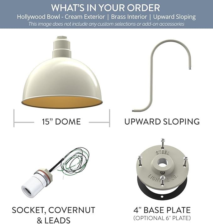 Steel Lighting Co. Hollywood Bowl Light | Outdoor Wall Mounted | 15 inch Bowl Dome | Upward Sloping Gooseneck | Barn Light Made in America | Cream Exterior/Brass Interior