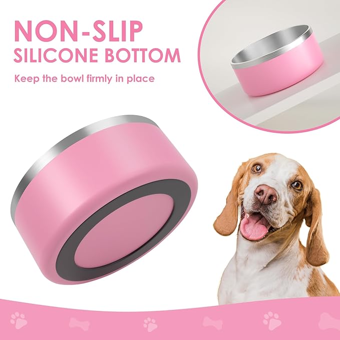 IKITCHEN Dog Bowl for Food and Water, 40 Oz Stainless Steel Pet Feeding Bowl, Durable Non-Skid Double Wall Insulated Heavy Duty with Rubber Bottom for Medium Large Dogs (40 Ounces/5 Cup, Pink)