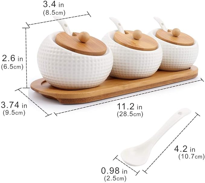 Porcelain Condiment Jar Spice Container with Lids - Bamboo Cap Holder Spot, Ceramic Serving Spoon, Wooden Tray Best Pottery Cruet Pot for Your Home, Kitchen, Counter. White,170 ML (5.8 OZ), Set of 3