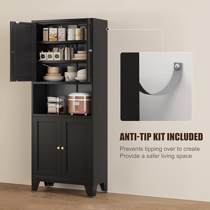 Metal Pantry Storage Cabinet, 69" Tall Storoge Cabinet with 4 Doors & 3 Adjustable Shelves, Microwave Stand with Storage for Kitchen, Dining Room, Living Room (1PC,Black)
