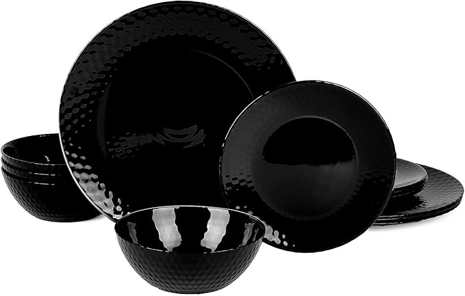 Dinnerware Sets for 4, Light & Durable 12 Pieces Opal Glass Plates and Bowls Set, Dishwasher and Microwave Safe Dish Dinning Ware, Thin but Strong Geometric Faceted Black