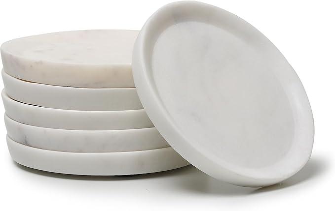 Marble Coasters Set of 6 with Raised Edges | 4 inch Dia | 100% Real Marble Drink Coasters | Modern Home Decor |