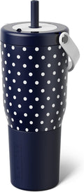 BrüMate Resa 35oz 100% Leakproof Tumbler w/Handle & Straw | Flexible SoftSip Straw | Silicone Sleeve for Durability | Stainless Steel | Cup Holder & Travel Friendly Water Bottle (Navy Polka Dots)