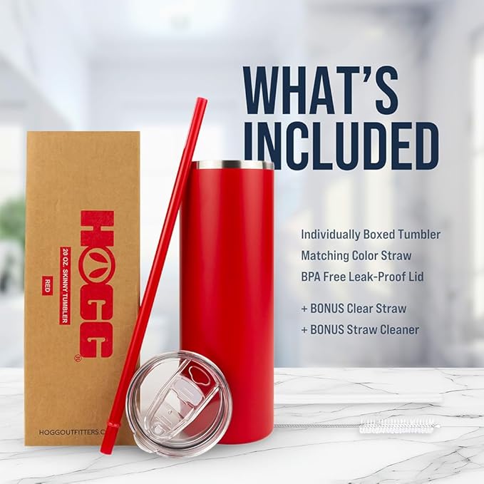 Hogg 20 oz Skinny Case (24 Units) - Red, Powder Coated Tumblers for Laser Engraving, Engravable Tumblers Bulk, Stainless Steel Cups Bulk, Insulated Cups with Lids and Straws