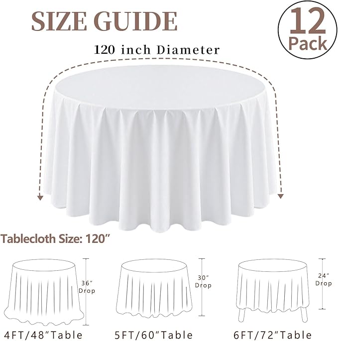 12 Pack Round Tablecloth 120 Inch Cloth White Tablecloth for Round Tables, Washable Polyester Table Cloth Stain and Wrinkle Resistant Decorative Table Cover for Wedding Party Dining Banquet