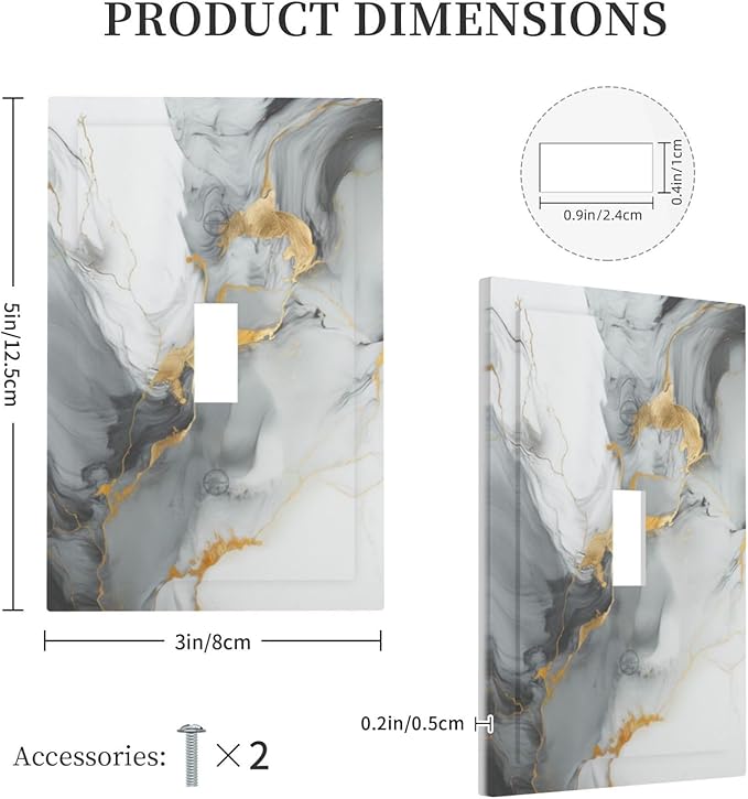 Decorative Light Switch Cover Gray/Gold Marble Abstract Modern Luxury 1 Gang Wall Plate Cover Single Toggle Outlet Covers Switchplate Electrical Faceplate for Bathroom Bedroom Decor（2 Pack）