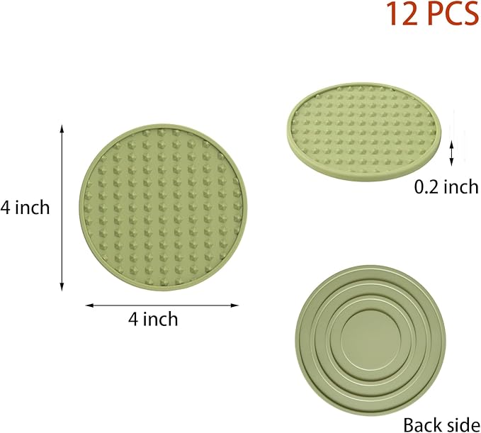 Set of 12 Silicone Coasters, 4'' Drink Coaster with Holder, Round Coasters for Drinks Beer Coffee Home Office Bar Desk Tabletop Protection, Non-Slip Rubber Coaster (Green, 12 Pcs-Plastic Holder)