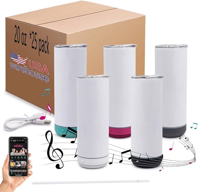 20oz Sublimation Tumbler Blank Bluetooth Tumbler with Straw and Lid, Double-Wall Stainless Steel Vacuum Insulation cups, RemovableRechargeable Bluetooth Wireless Speaker