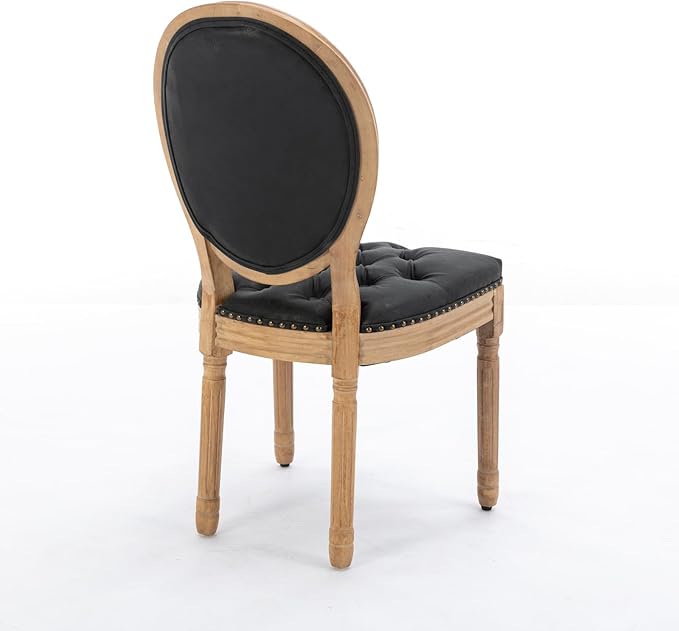 Ball & Cast French Vintage Upholstered Dining Chairs Set of 2, Button Tufted Kitchen Side-Chairs with Carved Antique Wood Frame & Nailhead Trims, PU-Leather Curved Backrest Louis Chair, PU Black