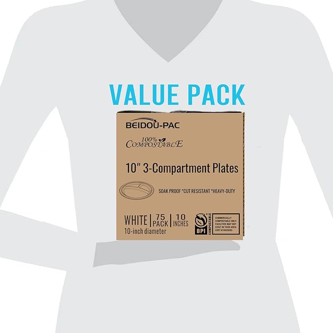 3 Compartment Compostable Heavy Duty Disposable Paper Plates, 75 Count | 10 Inch Round | Natural Bagasse, White Biodegradable Eco-Friendly School Lunch, Buffet, Party Sugarcane Tray