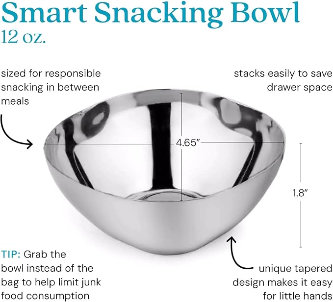 Ahimsa Stainless Steel Kids Bowl, Durable Pediatrician Designed Toddler Snack Bowls, 12oz, Premium Non Toxic Metal, Easy to Clean & Dishwasher Safe, Silver