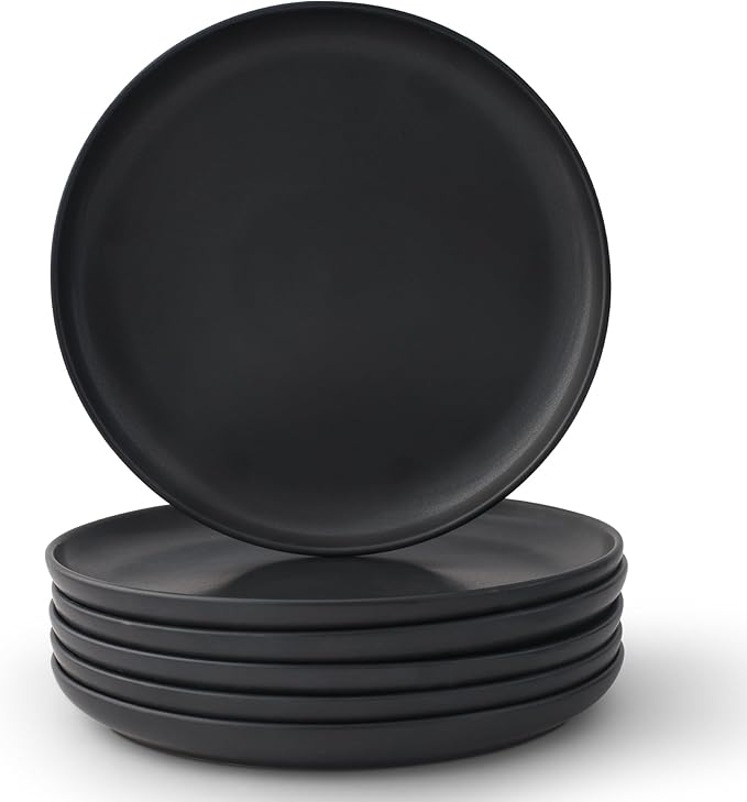 JoyJolt Mesa Stoneware Dinner Plates Set of 6, 10.5" Dish Set, Dishwasher and Microwave Safe Plate Set, Modern Rustic Dinnerware, Kitchen Serving Dishes - Matte Black