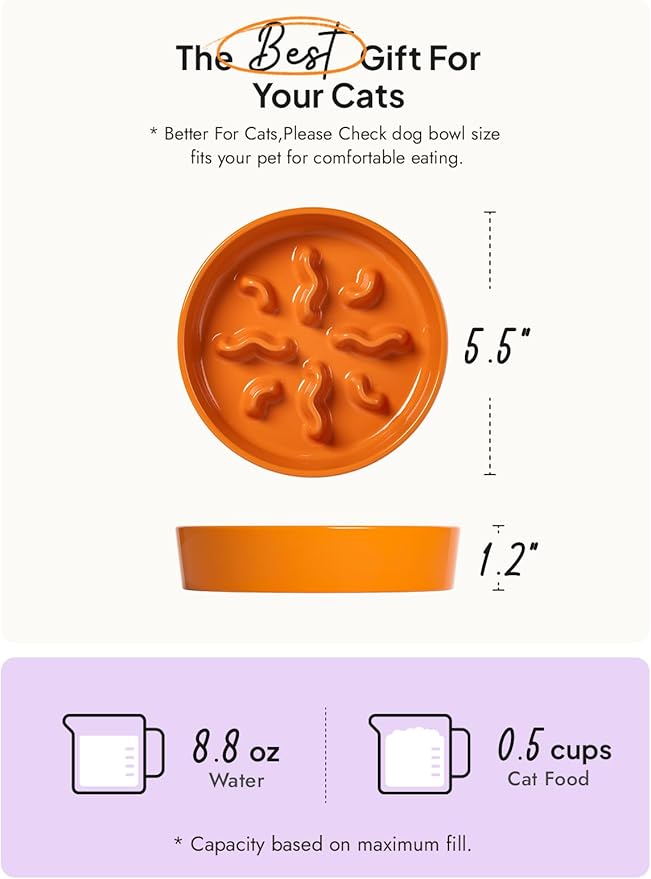 LE TAUCI PET Ceramic Slow Feeder Dog Bowls Small Breed, 0.5 Cups Dog Food Dish for Fast Eaters, Puzzle Bowl for Small Dogs and Cats, 5.5 Inch-Orange