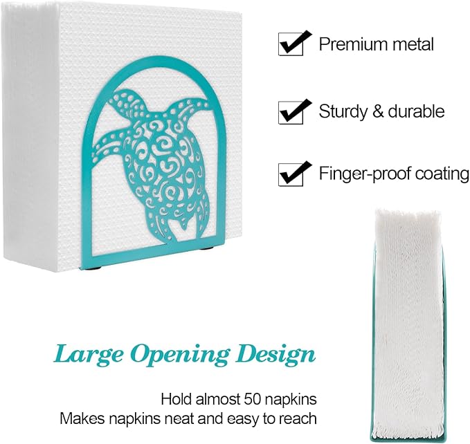 Coastal Sea Turtle Napkin Holder for Table - Teal Kithen Decor and Accessories, Ocean Decor for Bedroom Bathroom, Houserwarming Gifts for Women Turtle Lovers, Hollowed-out Craft Pattern, Metal