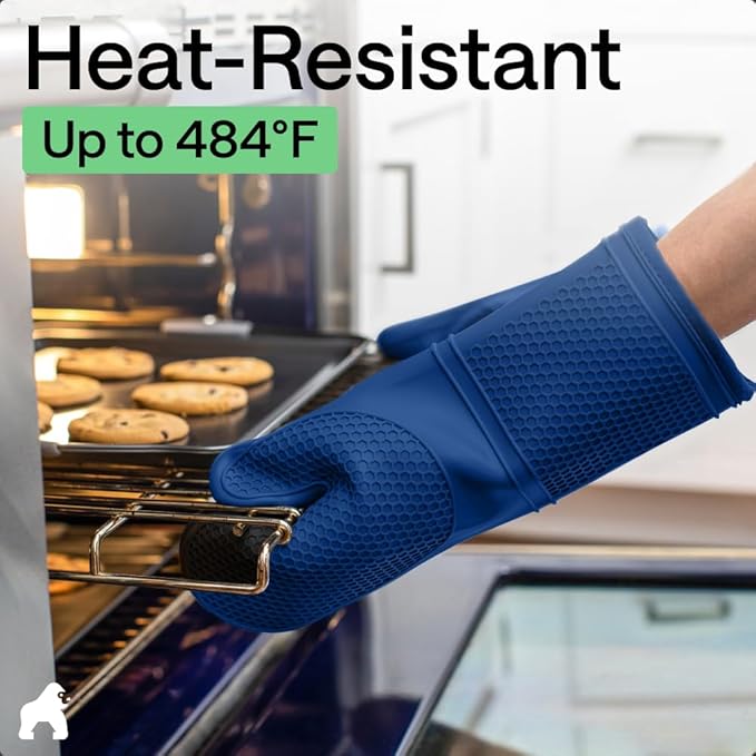 GORILLA GRIP BPA-Free Soft Silicone Oven Mitts, Heat Resistant and Waterproof Cooking Gloves, Thick Cotton Lining, Flexible Gripping for Baking Grilling, Kitchen Potholders Set of 2, 12.5x8.3, Blue