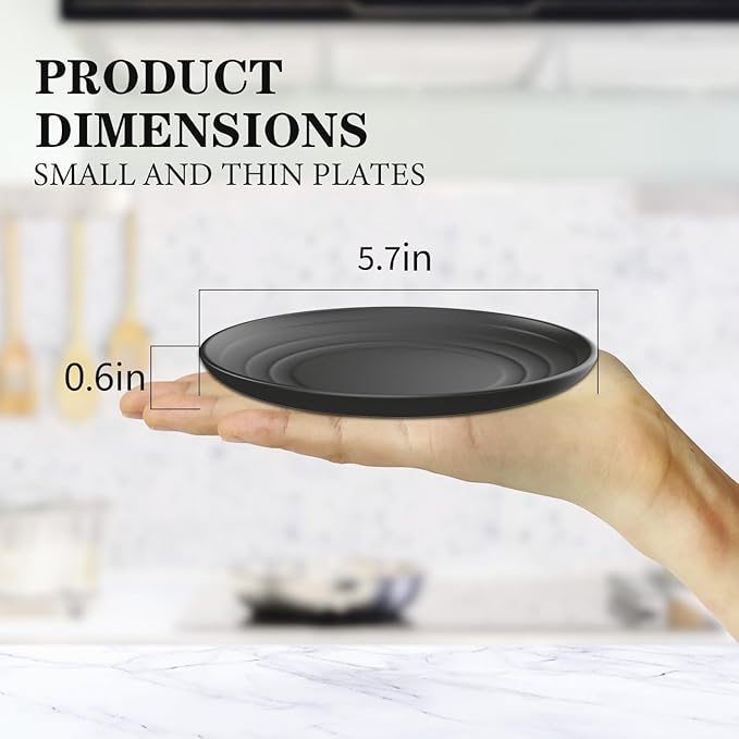 5.7 Inch Dessert Plates Set of 8, Unbreakable Wheat Straw Plate Appetizer Plates, Plastic Plates Reusable, Microwave & Dishwasher Safe Mini Plate for Kitchen (Black)
