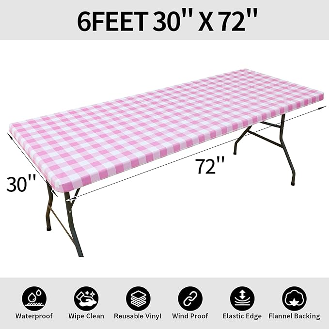 Smiry Rectangle Picnic Table Cloth, Elastic Waterproof Fitted Vinyl Tablecloths, Flannel Backed Buffalo Plaid Table Covers for Dining, Camping, Valentines (White and Pink, 30" x 72")