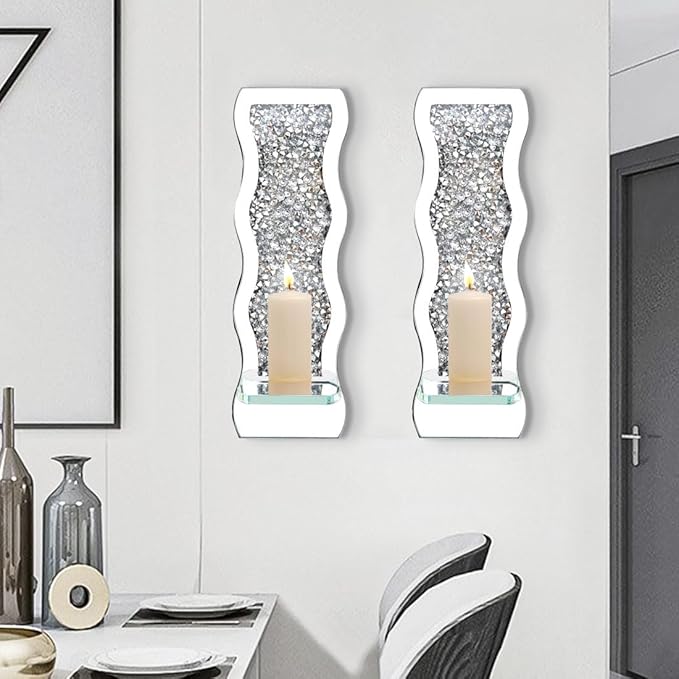 Pibeyer Mirrored Candle Sconces with Acrylic Diamond, Crushed Diamond Wall Candle Holders, Home Décor