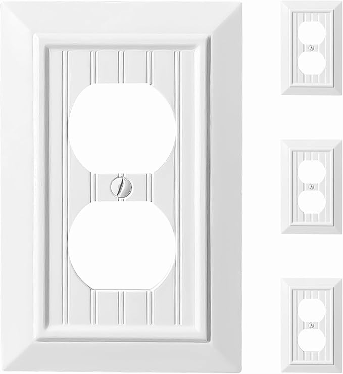 Beadboard Outlet Covers Wall Plates, Bamboo Fiber Light Switch Covers, Natural Material Electric Receptacle Decorative Switch Plate Outlet Cover (Pure White, 1 Gang Duplex 4 Pack)