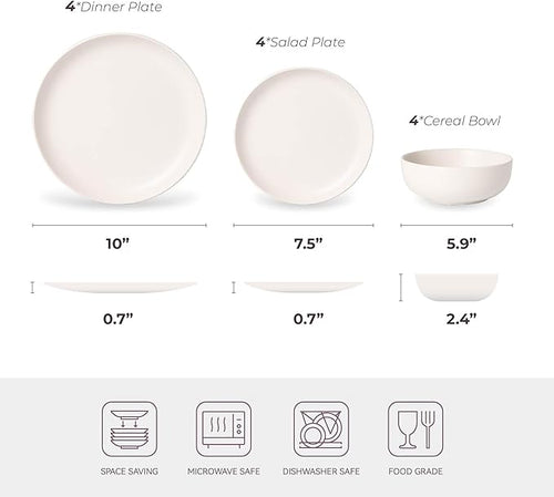12-Piece Stoneware Dinnerware Set with Mugs | Microwave and Dishwasher Friendly | Stackable Matte Glaze Plates & Bowls | Service for 3 (White for 4)