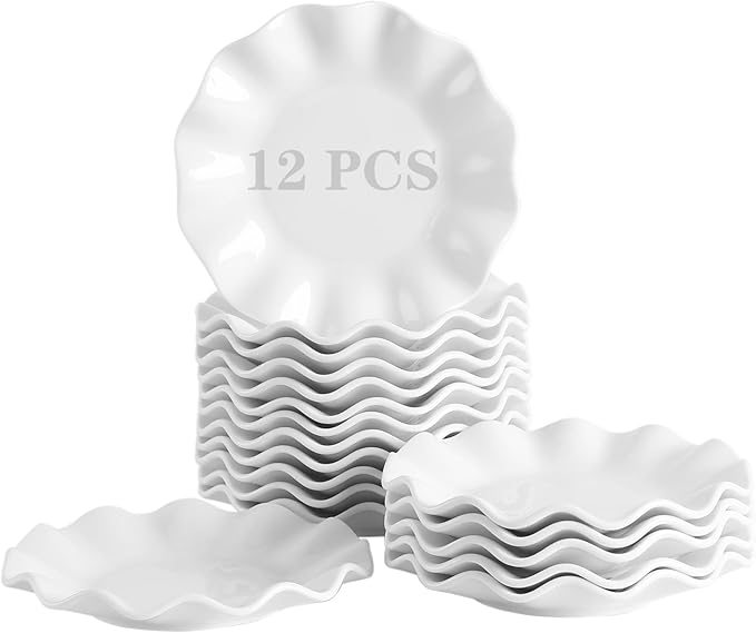 7 Inch White Dessert Plates Set of 12, Ceramic Appetizer Plate Wave Dinnerware Set, Small Dinner Plates for Snacks, Side Dishes, Fruit, Salad, Microwave Oven and Dishwasher Safe