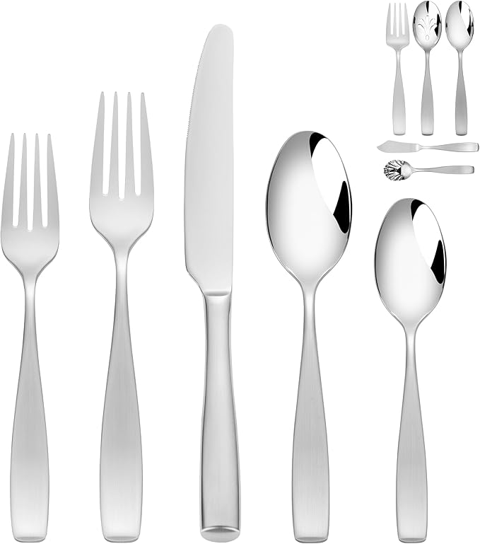 45-Piece 18/10 Stainless Steel Flatware Set for 8, Heavy Duty Silverware Set, Flatware Set with Serving Utensil, High End Flatware, Mirror and Matte Satin Silverware, Dishwasher Safe, Ideal for Gift