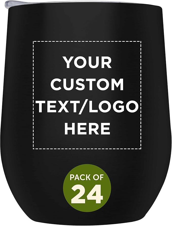 Custom Stemless Wine Glass Tumblers with Lids by Largo 11 oz. Set of 24, Personalized Bulk Pack - Perfect for Wine, Cocktails, Other Hot & Cold Beverages - Black
