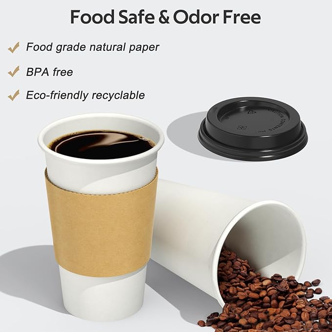 100 Pack 16 oz Disposable Coffee Cups with Lids and Sleeves, Sturdy Thick Paper & Leak-free Insulated to Go Paper Hot Coffee Cups with Sip Lids for Hot & Cold Beverage
