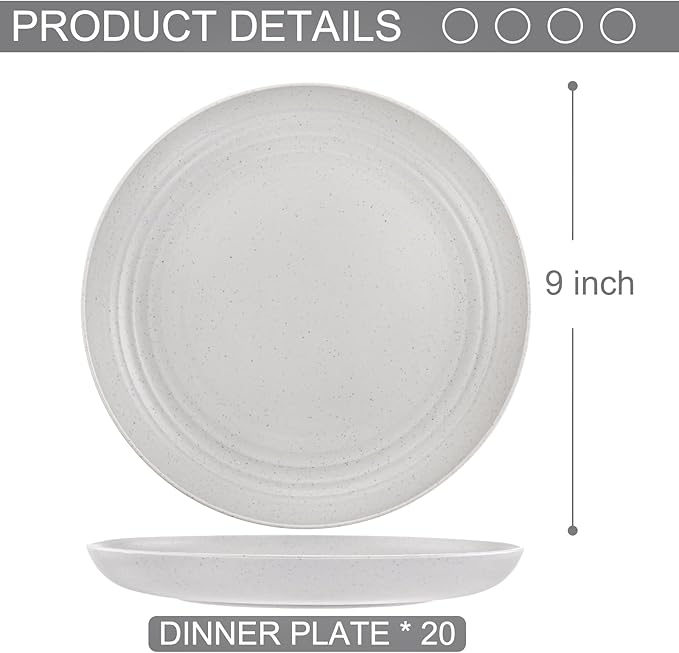 LIYH 20 Pcs Light Grey Wheat Straw Plastic Plates - 9 Inch Unbreakable Dinner Plates Reusable, Dishwasher & Microwave Safe, Lightweight Camping Outside Plate for Kitchen