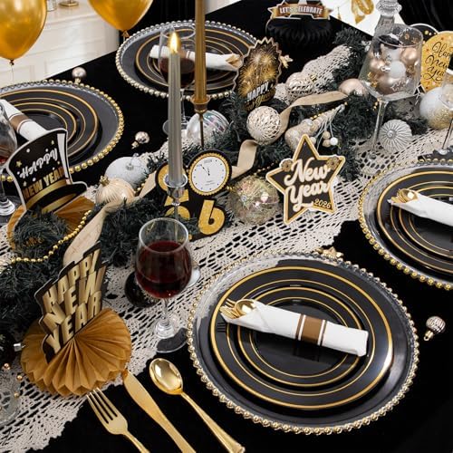 350 Pieces Black and Gold Plastic Plates with Disposable Silverware, Include 50 Dinner Plates 9”, 50 Dessert Plates 6.3”, 50 Black Cups 9 OZ, 50 Pre Rolled Napkins for New Year (Pack of 2) - Image 4