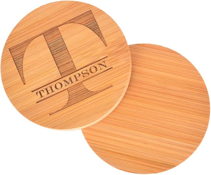 Personalized Coasters, Custom Engraved Coasters, Bamboo Coasters for Drinks, Monogram Coasters with Holder, Great Gifts for Relatives, Friends or Yourself (T, Set of 4)
