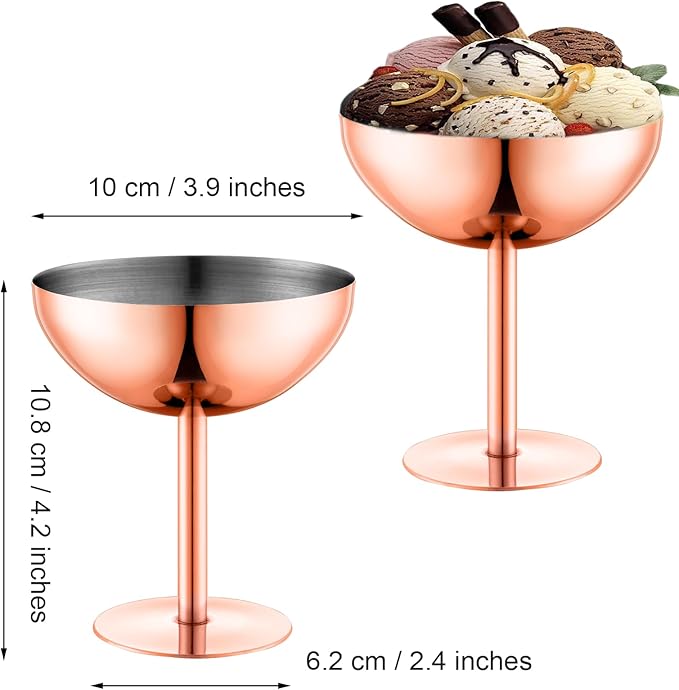 Ice Cream Bowls Stainless Steel Dessert Cups with Spoons Reusable Footed Sundae Cups Ice Cream Cups for Dessert, Frozen Yogurt, Gelato, Birthday Party Decorations (2, Rose glod)