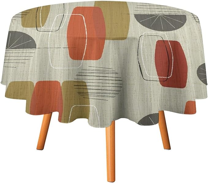 Retro Medieval Bohemian Round Tablecloth, Modern Mid Century Geometric Abstract Print Tablecloth for Home Party Dining Room Kitchen Decor 60Inch(152cm)