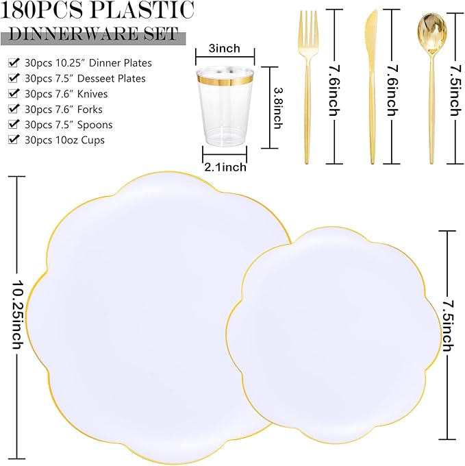 EI 180pcs White Plastic Plates with Gold Plastic Silverware,Heavy-Duty Disposable Plates for Party,White Dinnerware Set for 30 Guest Wedding,Birthday,Spring Afternoon Tea