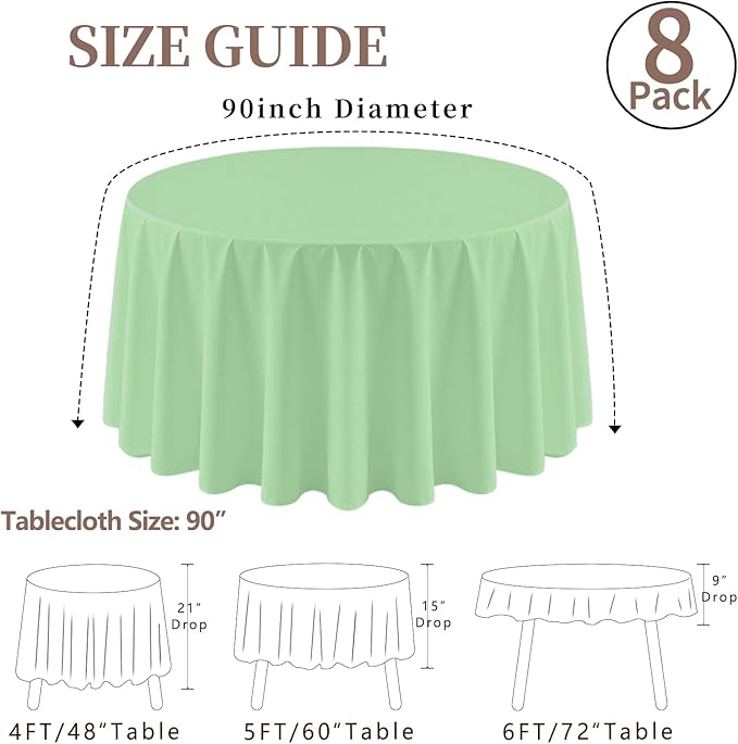 8 Pack Round Tablecloth 90 Inch Sage Green Tablecloth for Round Tables, Washable Polyester Table Cloth Stain and Wrinkle Resistant Decorative Table Cover for Wedding Party Dining Banquet