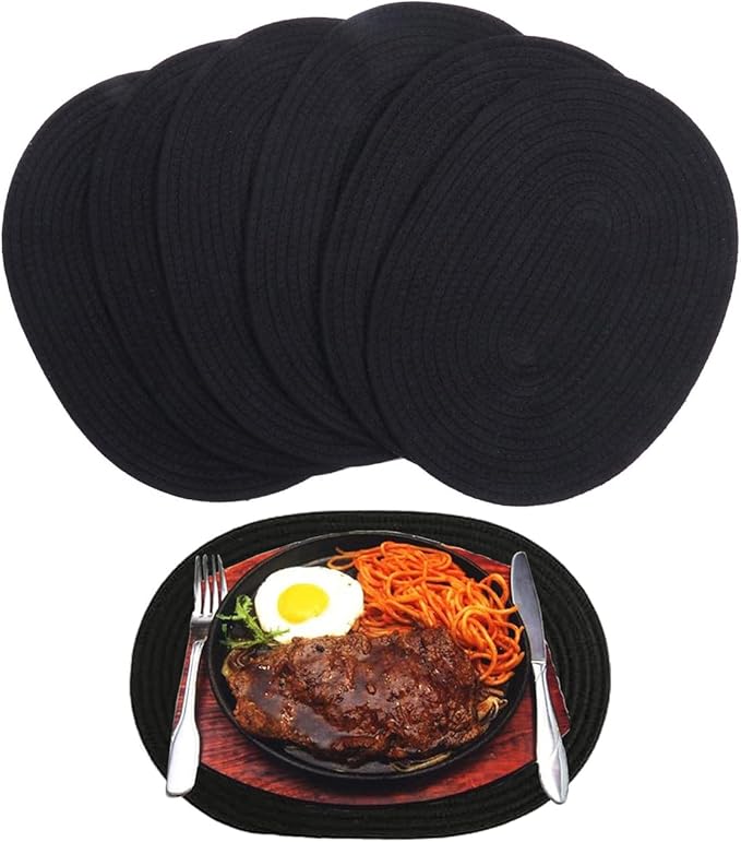 6 Pack Woven Placemats Fabric Tablemats, 12x16 inches Plate Chargers Cotton Weave Placemat Oval Braided Rattan Tablemats for Kitchen Dining Table Outdoor Party Wedding Decoration (Black)