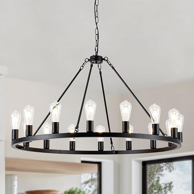 16-Light Black Wagon Wheel Chandelier, 40 inch Farmhouse Chandelier Dining Room, Round Rustic Chandeliers, Vintage Ceiling Hanging Pendant Light Fixture for Kitchen Island Living Room Bedroom Foyer