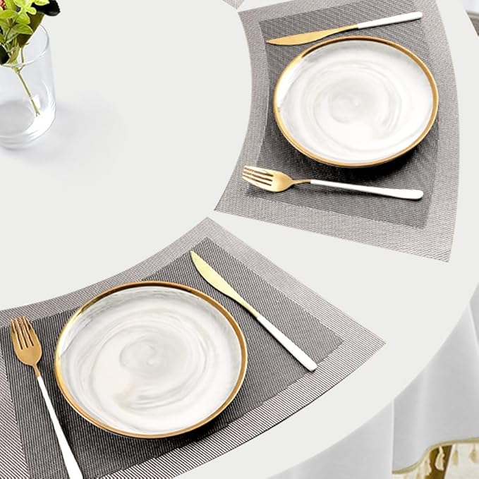 Wedge Placemats for Round Dinner Table Woven Vinyl Wipe Clean Non Slip Plastic Table Mats Set of 6（Grey）