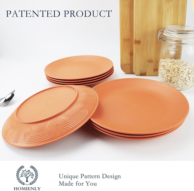 Homienly Flat Dinner Plates Set of 8 Alternative for Plastic Plates Microwave and Dishwasher Safe Wheat Straw Plates for Kitchen Unbreakable Kids Plates(Orange, 10 inch)