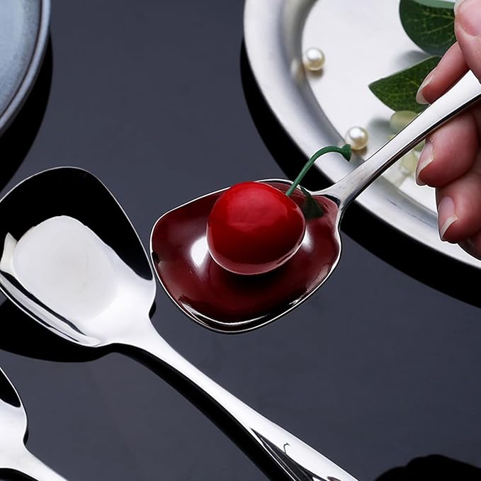Square Head Soup Spoons, Korean Style Thick Heavy Square Dessert Spoon,Long Handled Stainless Steel Soup Spoons Table Spoons Flat Spoon,Set of 8,7 Inches.