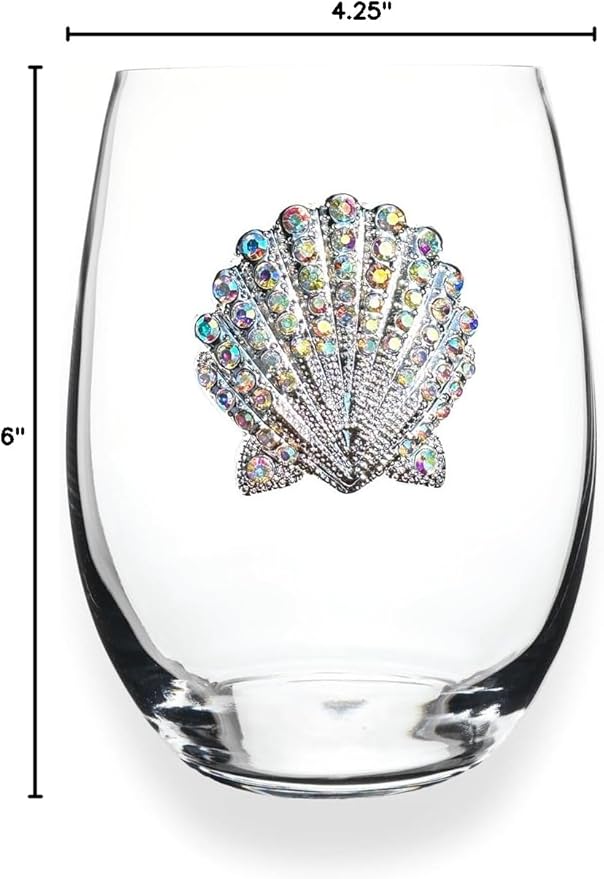 THE QUEENS' JEWELS Seashell Jeweled Stemless Wine Glass, 21 oz. - Unique Gift for Women, Birthday, Cute, Fun, Not Painted, Decorated, Bling, Bedazzled, Rhinestone