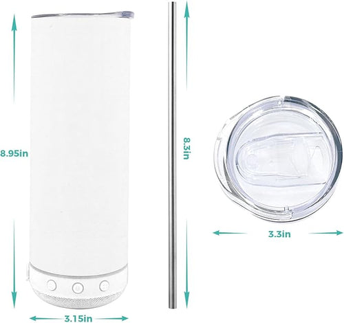 20oz sublimation Music Speaker Tumbler Blank Bulk white with Glow Green 1pack,Straight music mug with straw, lid, straw brush,Reusable Travel Coffee Mug For Men and Women
